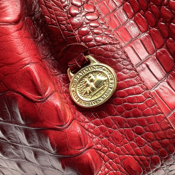 VTG BRAHMIN Dana Drawstring Shoulder Bag Melbourne Croc Embossed Red Leather Lrg - Picture 4 of 8